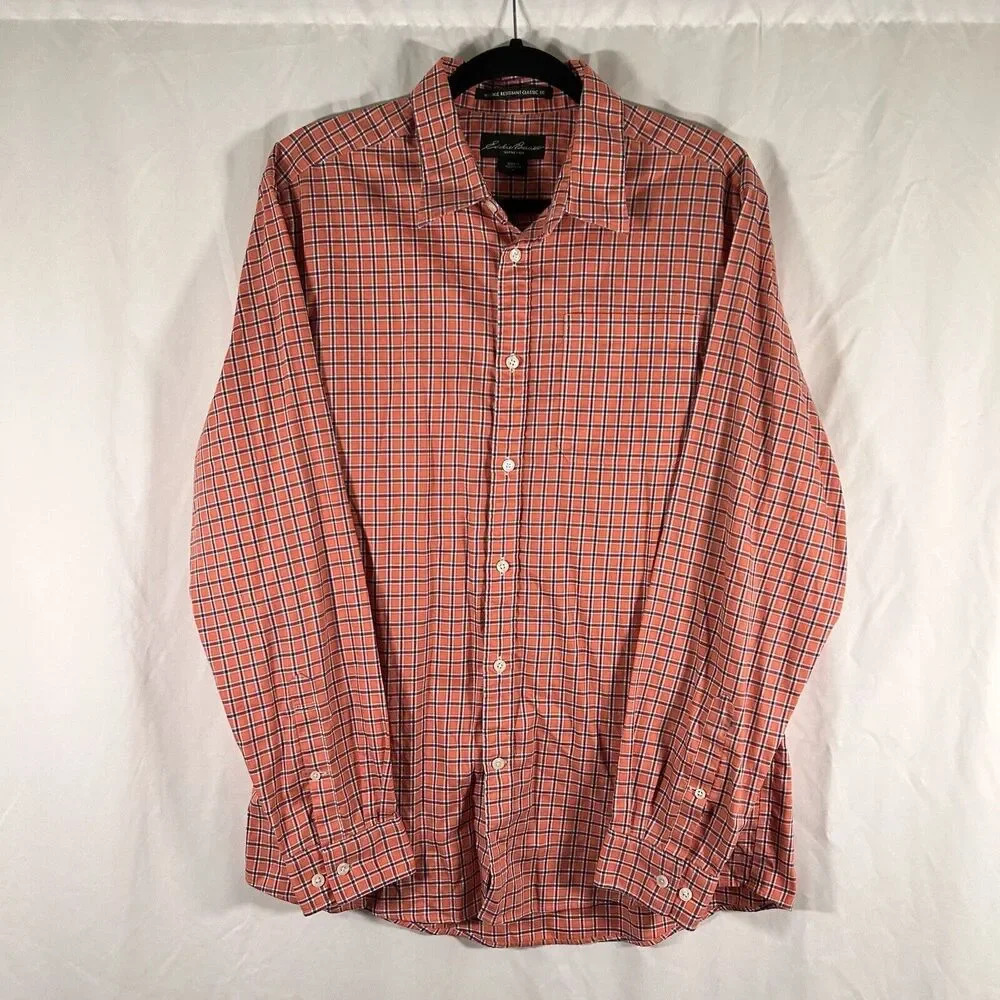 Eddie Bauer Dress Shirt Men Large Orange Plaid Button Up Long Sleeve Wrinkle Res